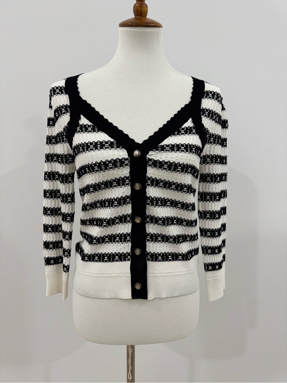 White House Black Market Black & White Striped V-Neck Cardigan Sweater